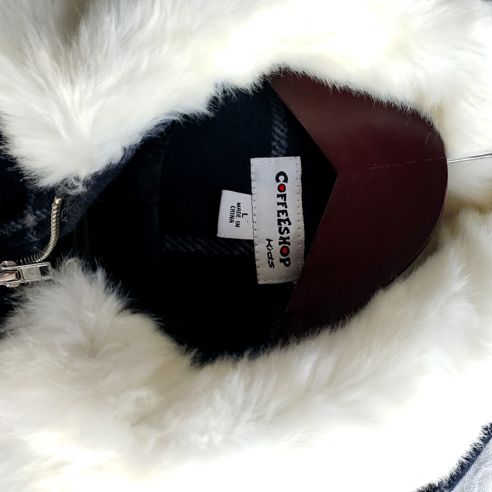 CoffeeShop Kids Coat sz L navy/white plaid - Picture 2 of 8